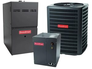 Goodman 13 SEER 2 TON AC Condenser complete system with 80% AFUE 80k BTU Upflow furnace and cased coil - GSX130241